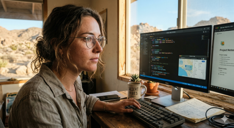 Woman wearing glasses works at a computer in a desert home office with sunlit mountains visible through the window